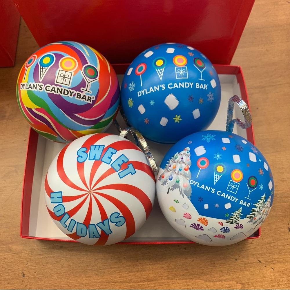Dylan’s Candy Bar Christmas Holliday Bauble Ornament Balls Retro Lot of 4